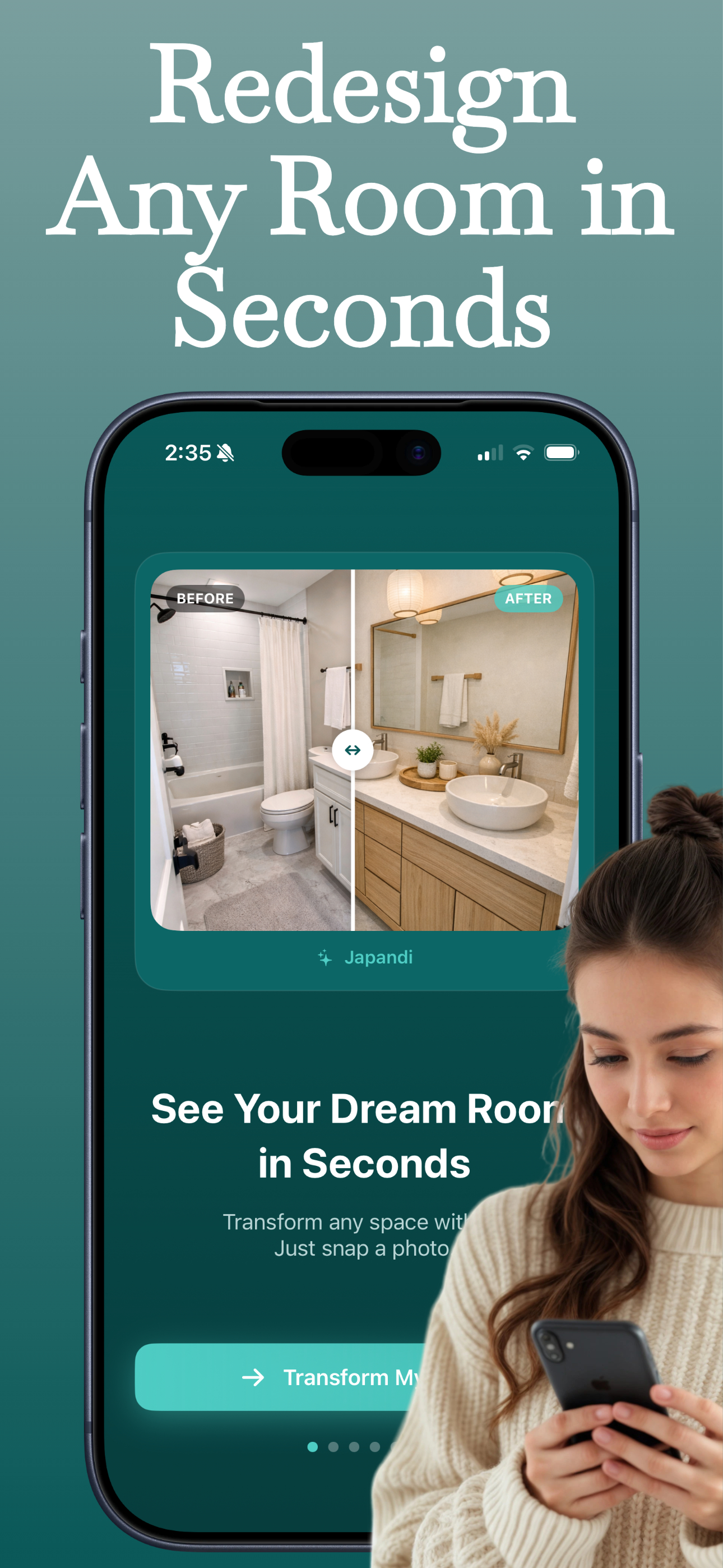 ReVision app showing before and after bathroom transformation